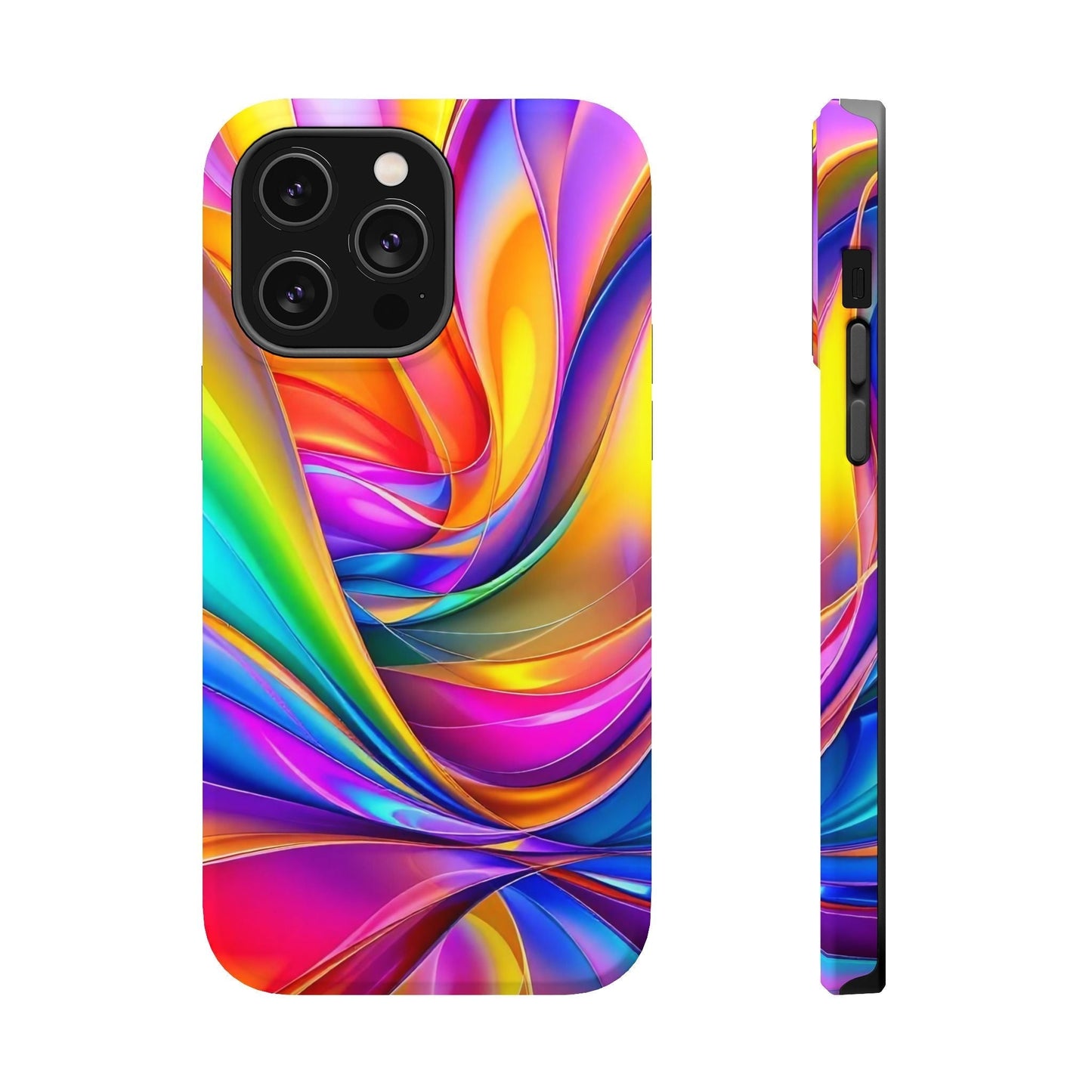 iPhone case with vibrant Deconstructed Rainbow Wave design in bold rainbow colors, durable dual-layer protective cover with MagSafe compatibility