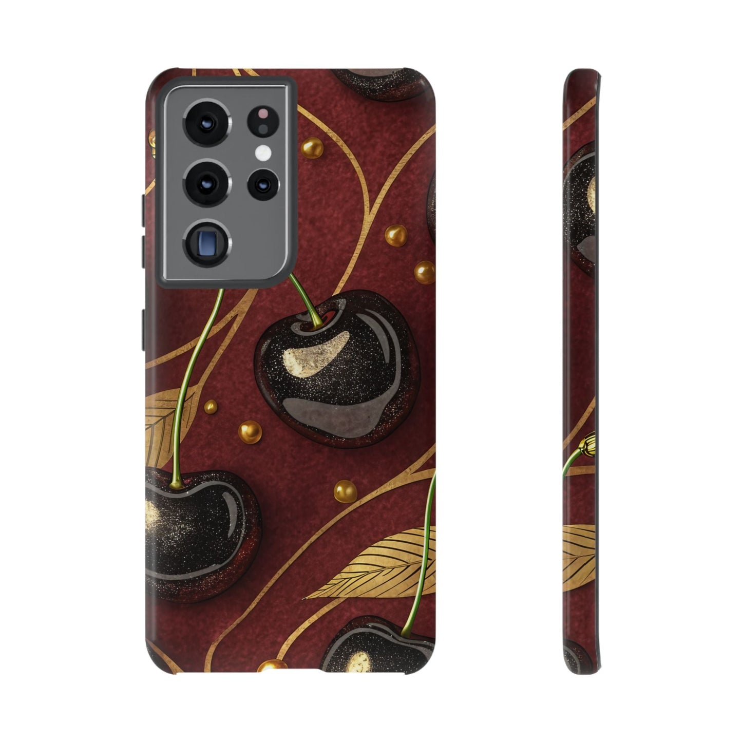 Samsung phone case with golden cherry design, tough protective cover for Galaxy S series models