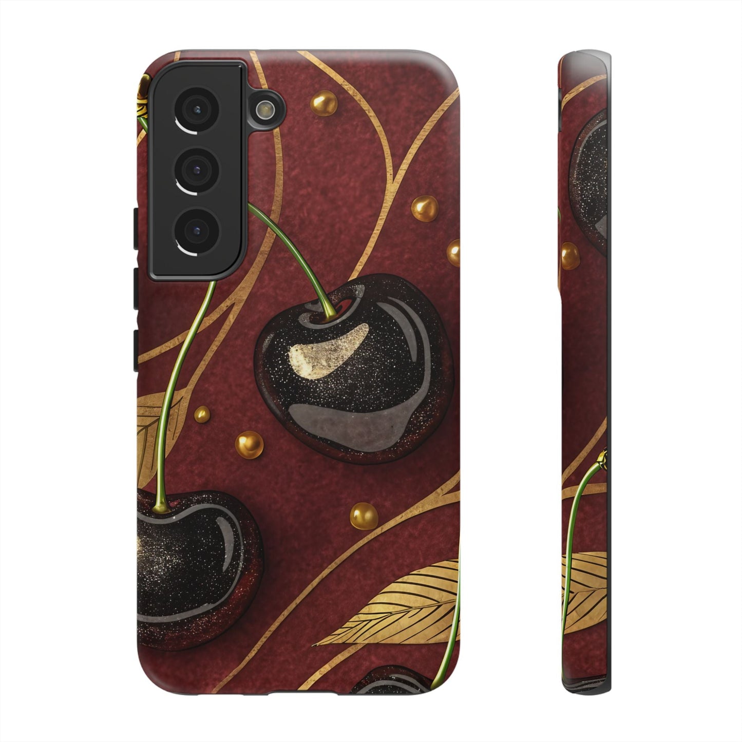 Samsung phone case with golden cherry design on dark red background, tough and durable protection for Galaxy S series phones
