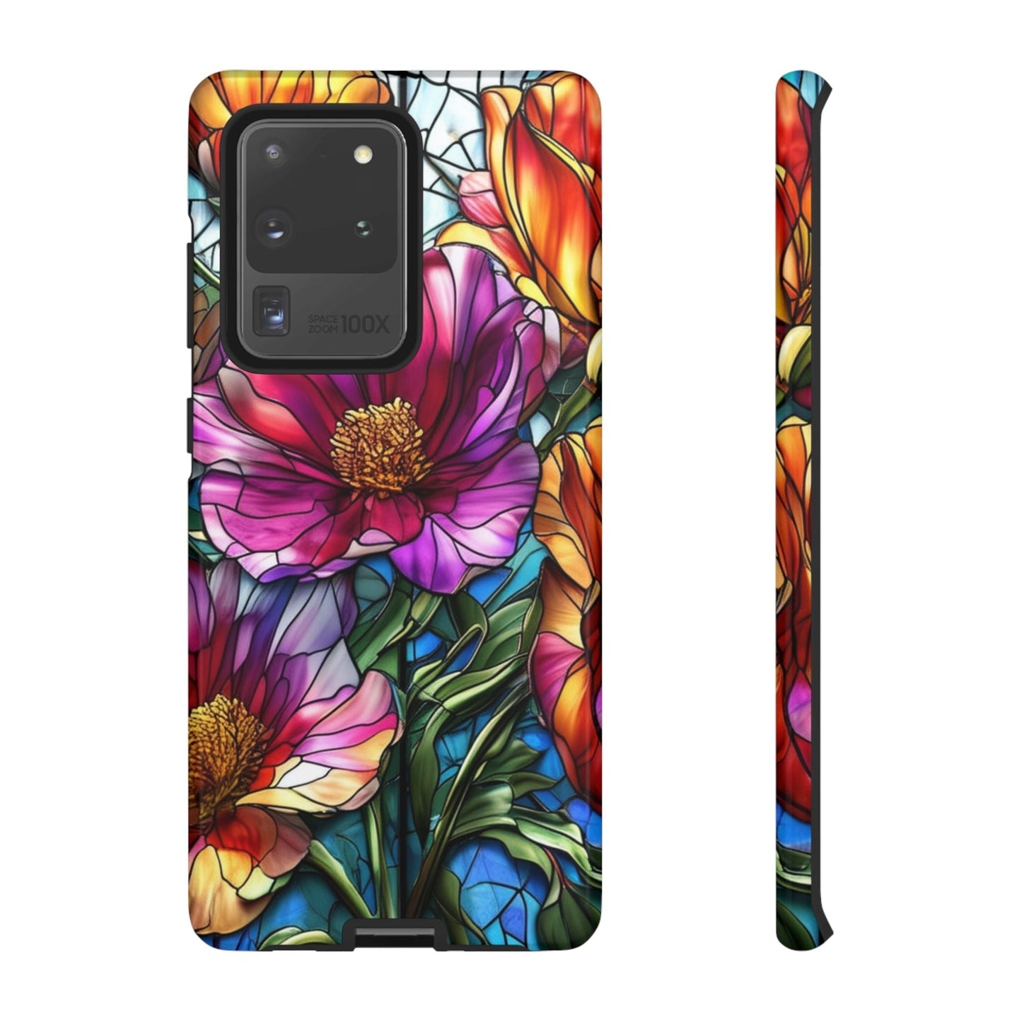 Samsung phone case with vibrant purple flower design, durable and protective with colorful floral pattern