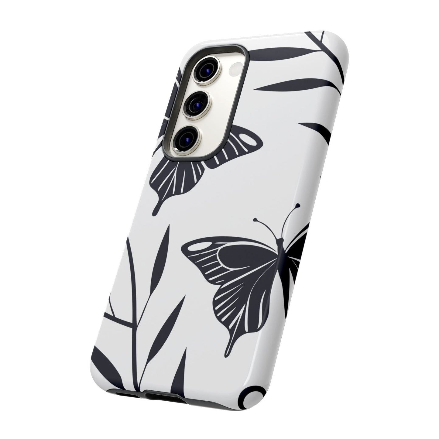 Minimalist black and white butterfly Samsung phone case with 3D print and robust protection.