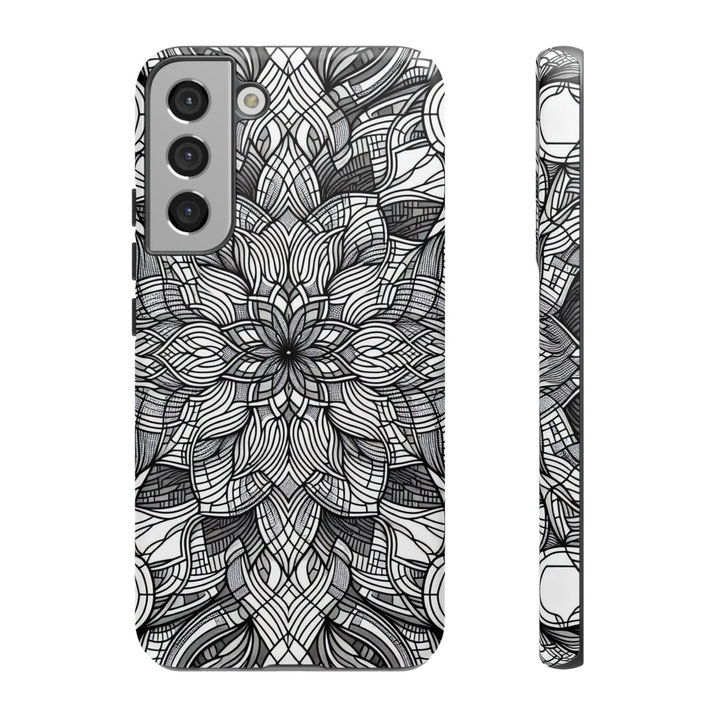 Samsung phone case with black and white intricate art explosion design providing full protection and stylish look