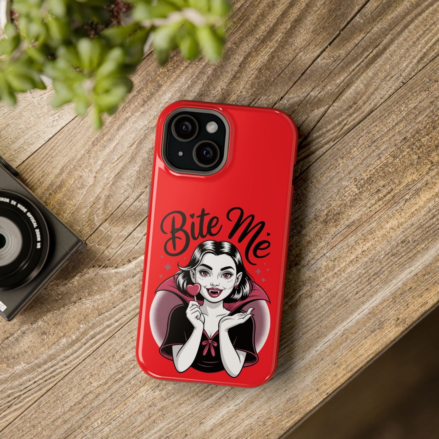Halloween Vampire iPhone tough case red with "Bite Me" text and vampire girl design, MagSafe compatible durable protection