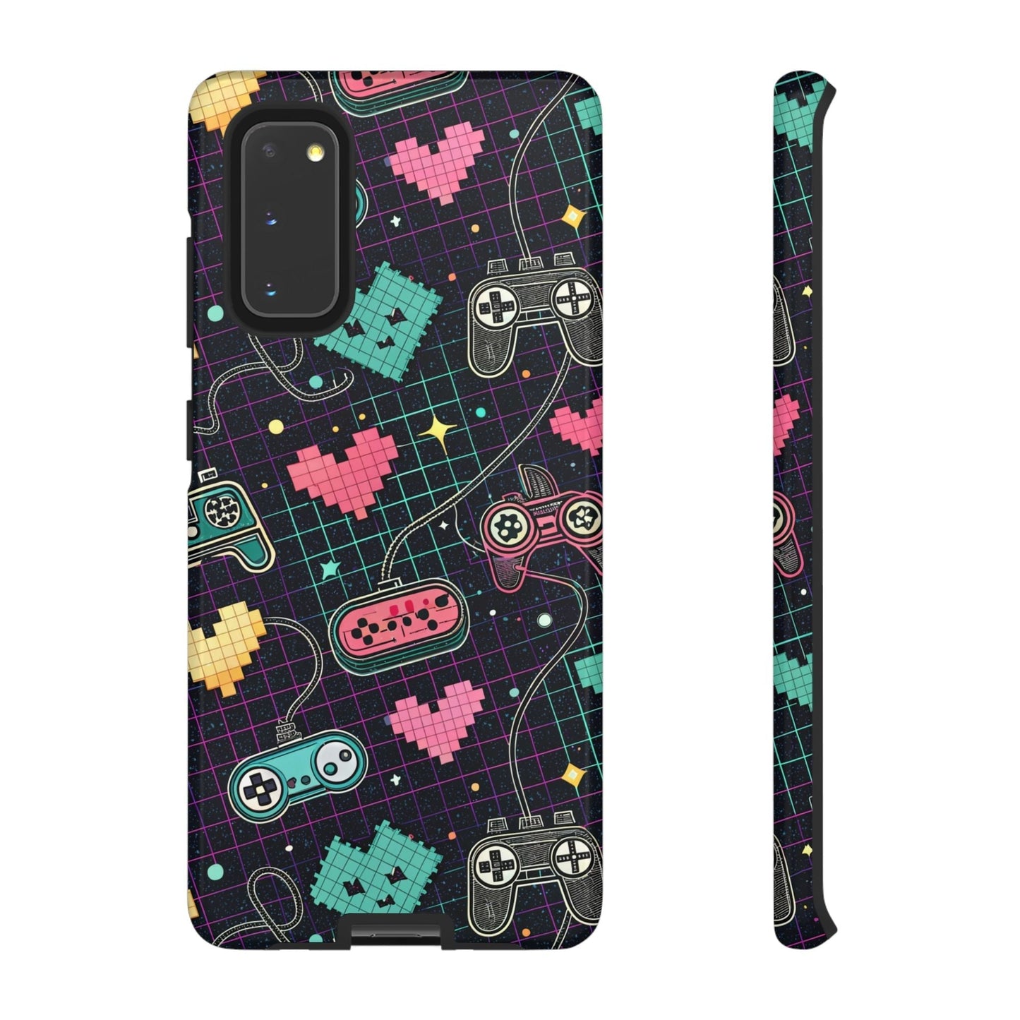 Retro Gamer Tough Case for Samsung Galaxy with vintage gaming controllers and pixel hearts design, durable impact-resistant phone cover