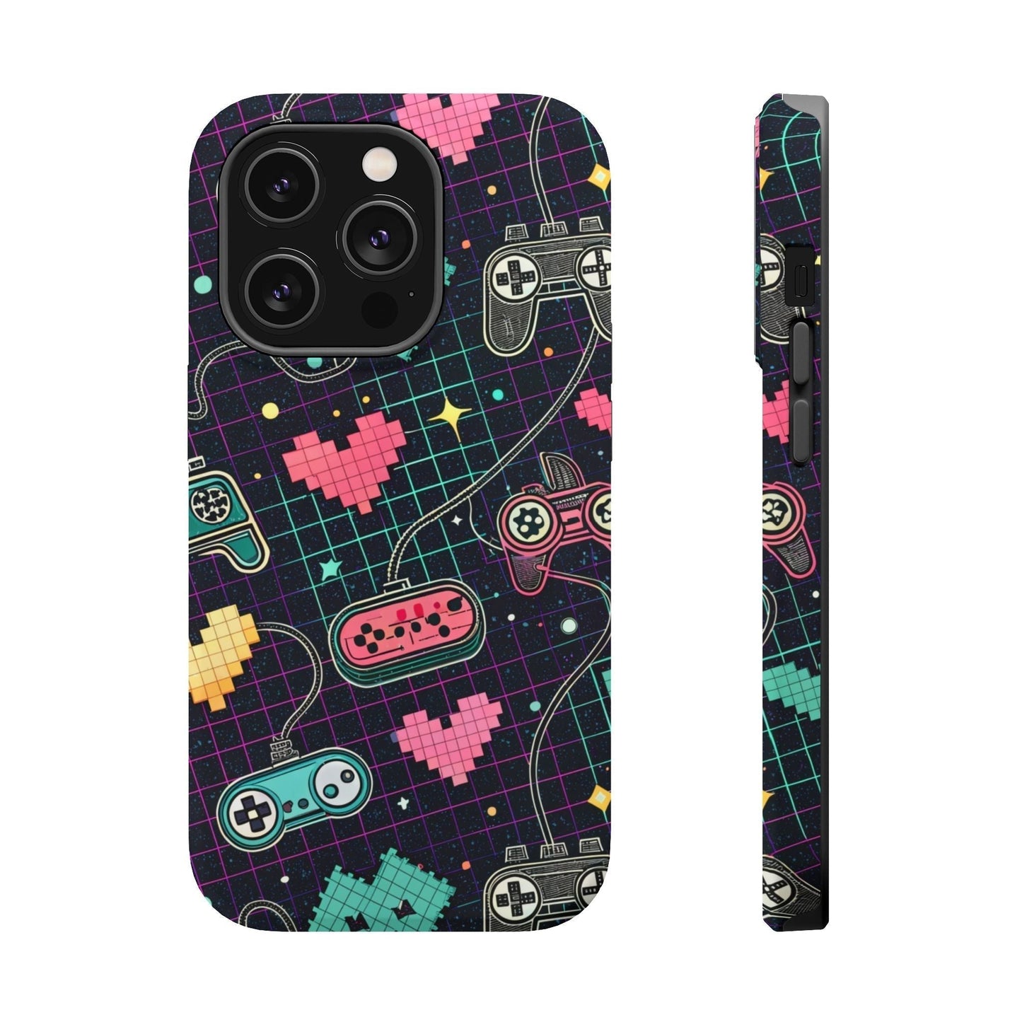 Retro Gamer Inspired durable dual-layer iPhone case with colorful pixel art controllers and hearts, MagSafe compatible.
