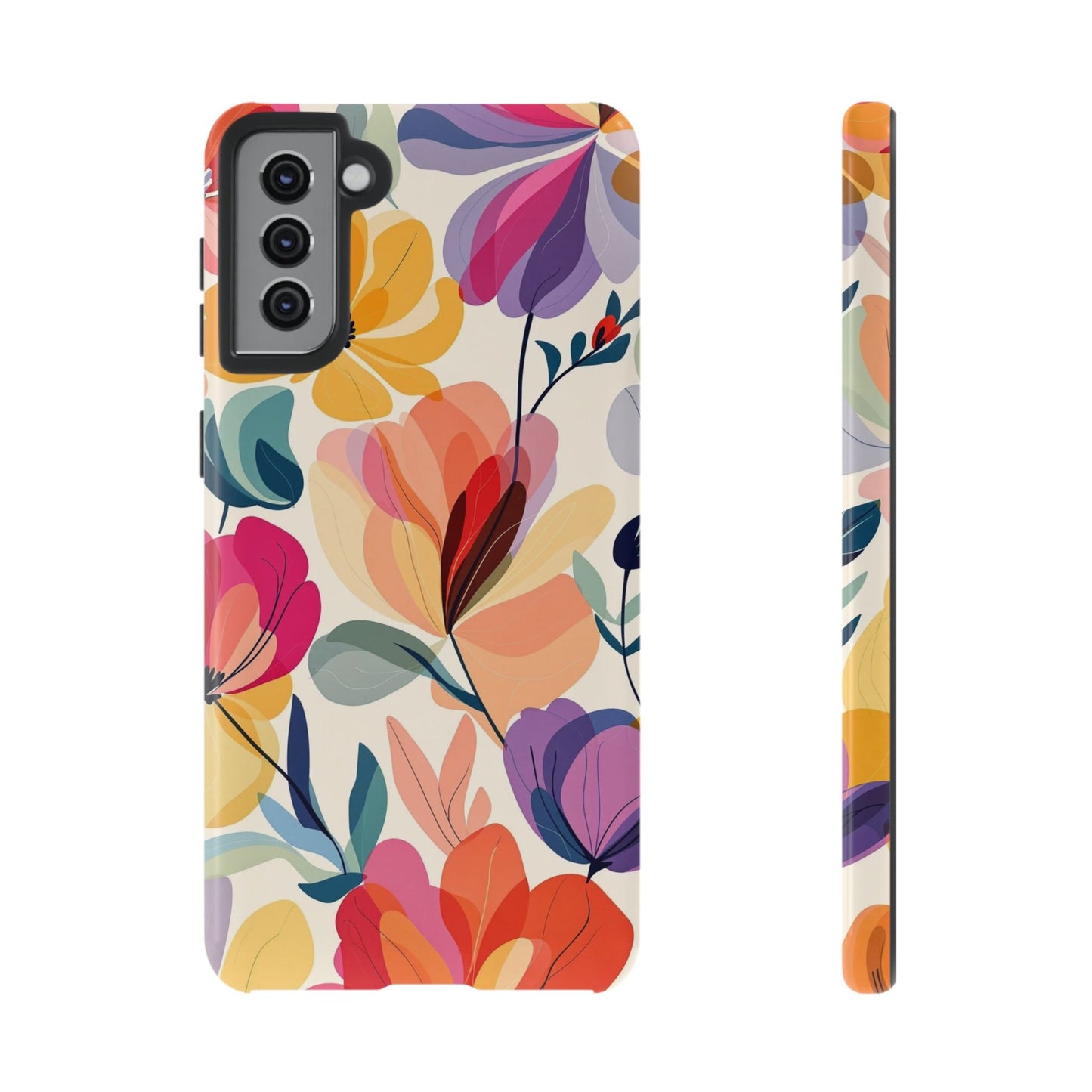 Samsung phone case with colorful watercolor floral design, durable tough protective cover with dual-layer shock absorption and slim profile.