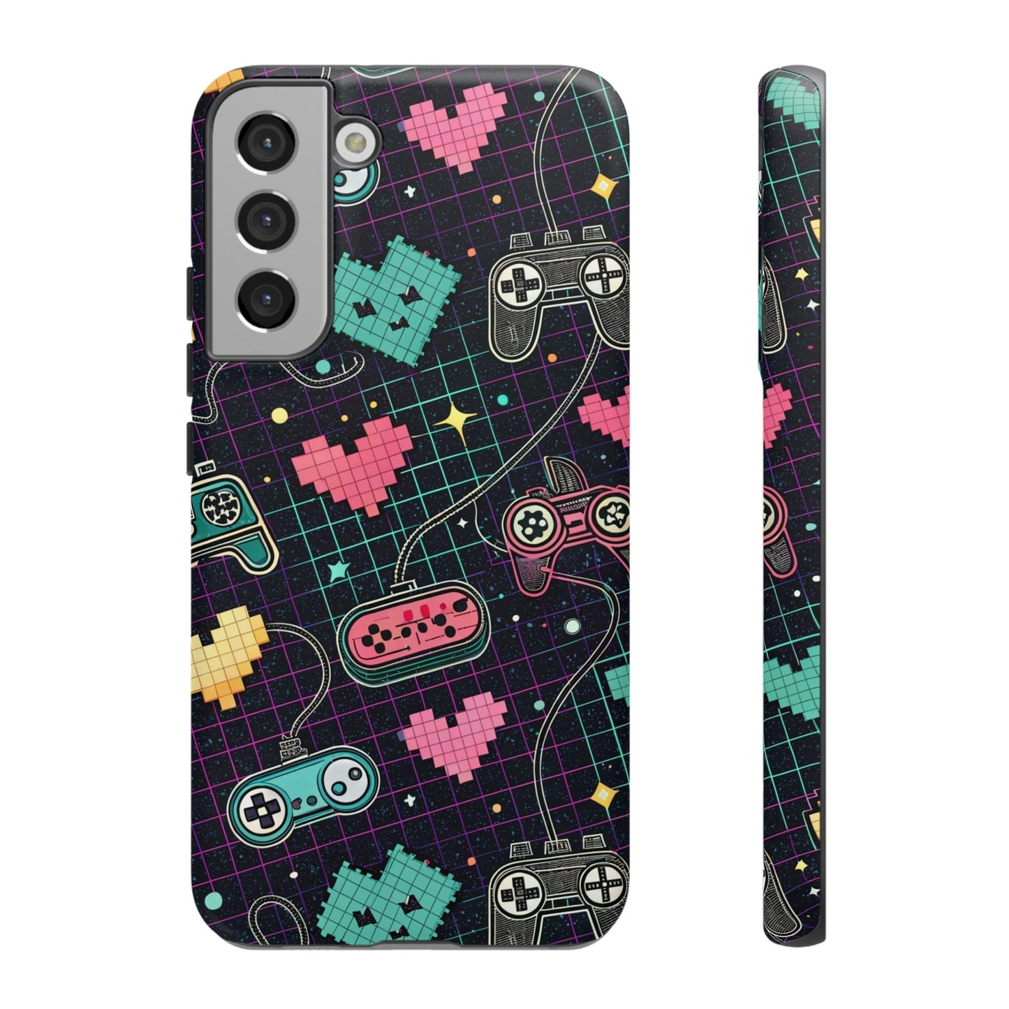 Retro Gamer Tough Case for Samsung Galaxy with pixel art controllers and hearts design, durable impact-resistant protective cover