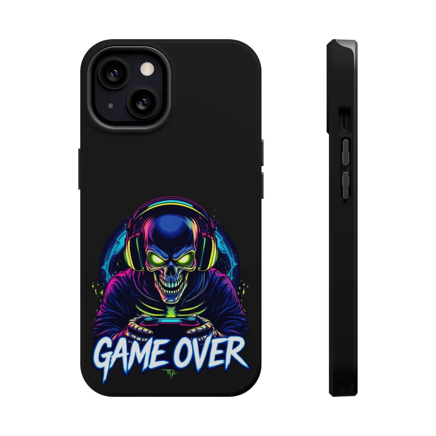 Game Over Gamer iPhone tough case with vibrant skull gamer design, durable dual-layer protection, MagSafe compatible, matte black finish