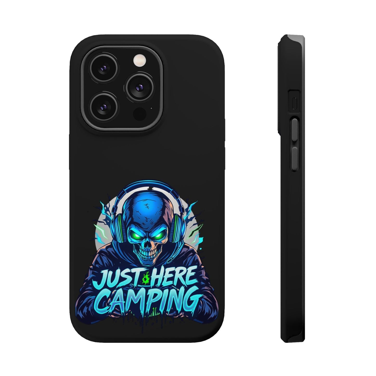 Just Here Camping Gamer iPhone tough case with vibrant skull headset design and MagSafe compatibility