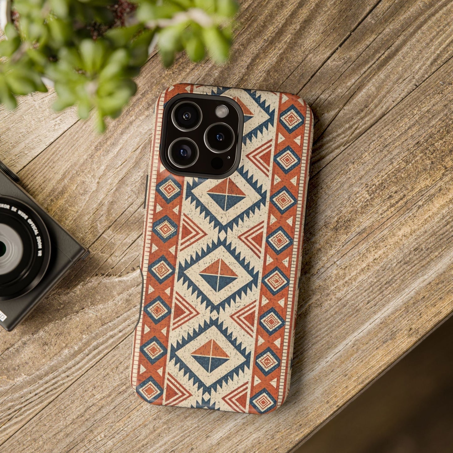 iPhone case with tribal inspired pattern in red, blue, and beige with magnetic tough dual-layer protection