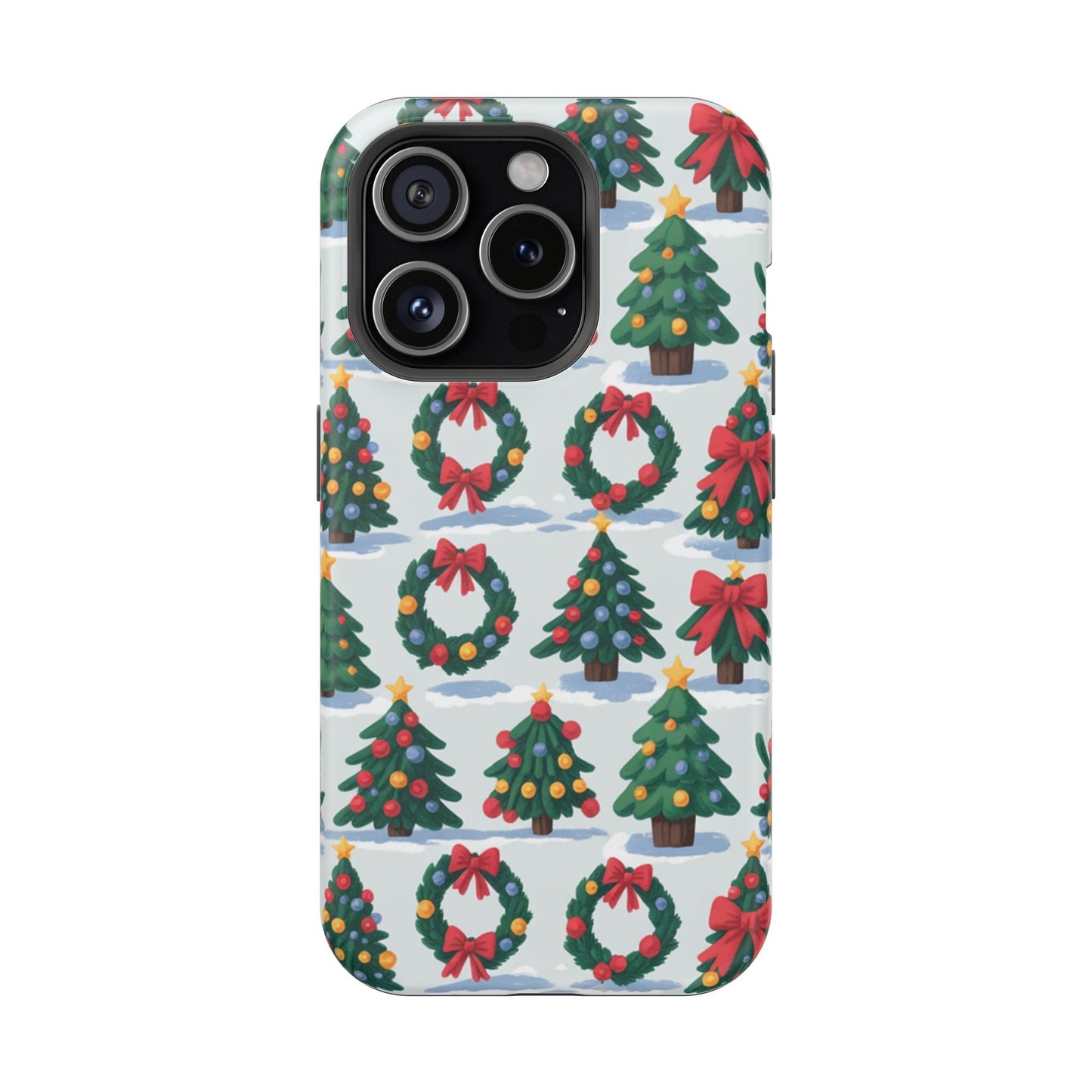 iPhone case with festive holiday tree and wreath pattern in vibrant colors with built-in MagSafe magnet and durable dual-layer protection
