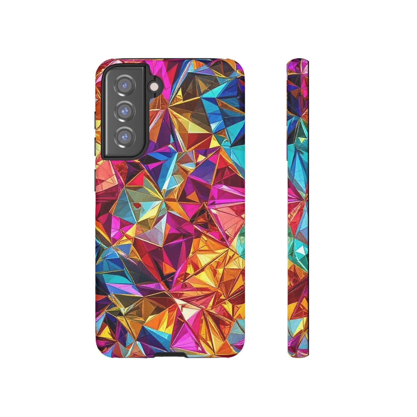 Rainbow foil Samsung phone case with vibrant geometric design and durable impact protection