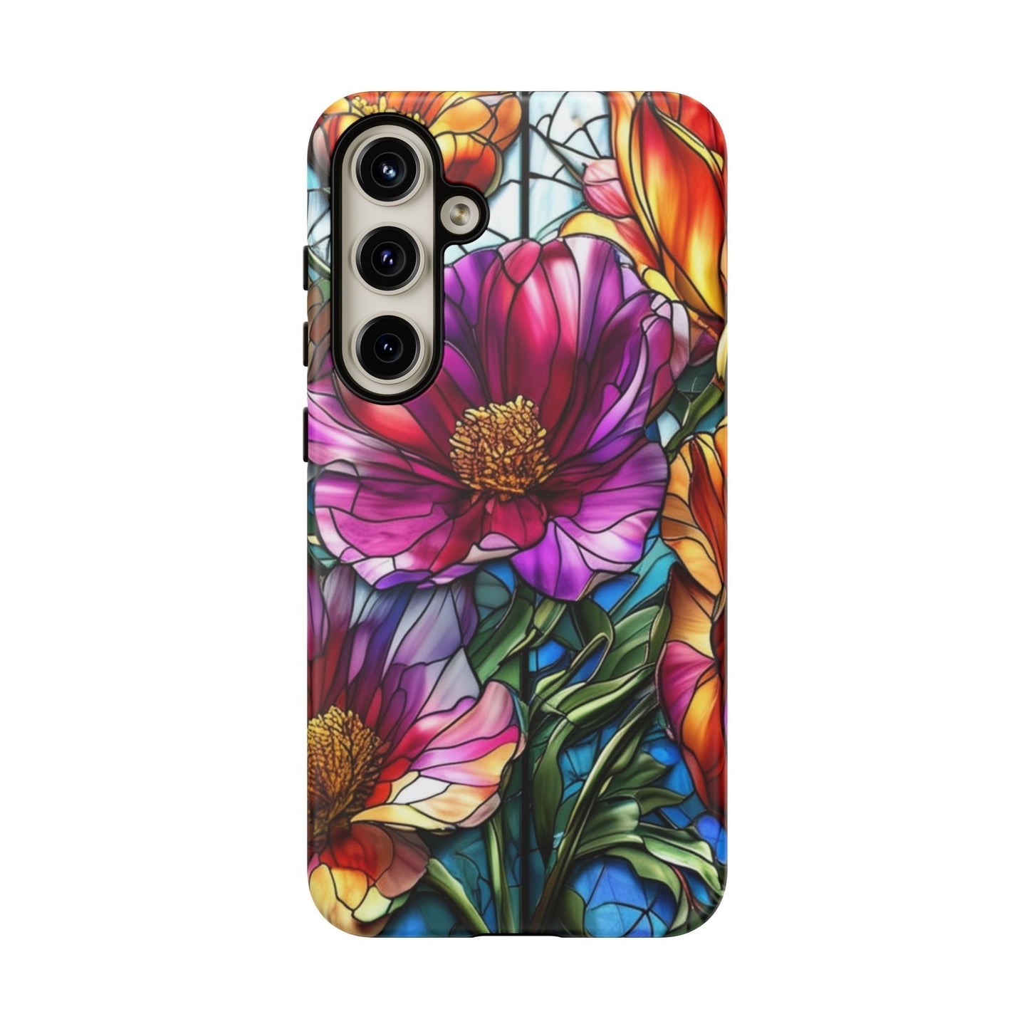 Samsung phone case with vibrant purple flower design, durable impact-resistant protection, and UV-resistant 3D wrap for Samsung phones