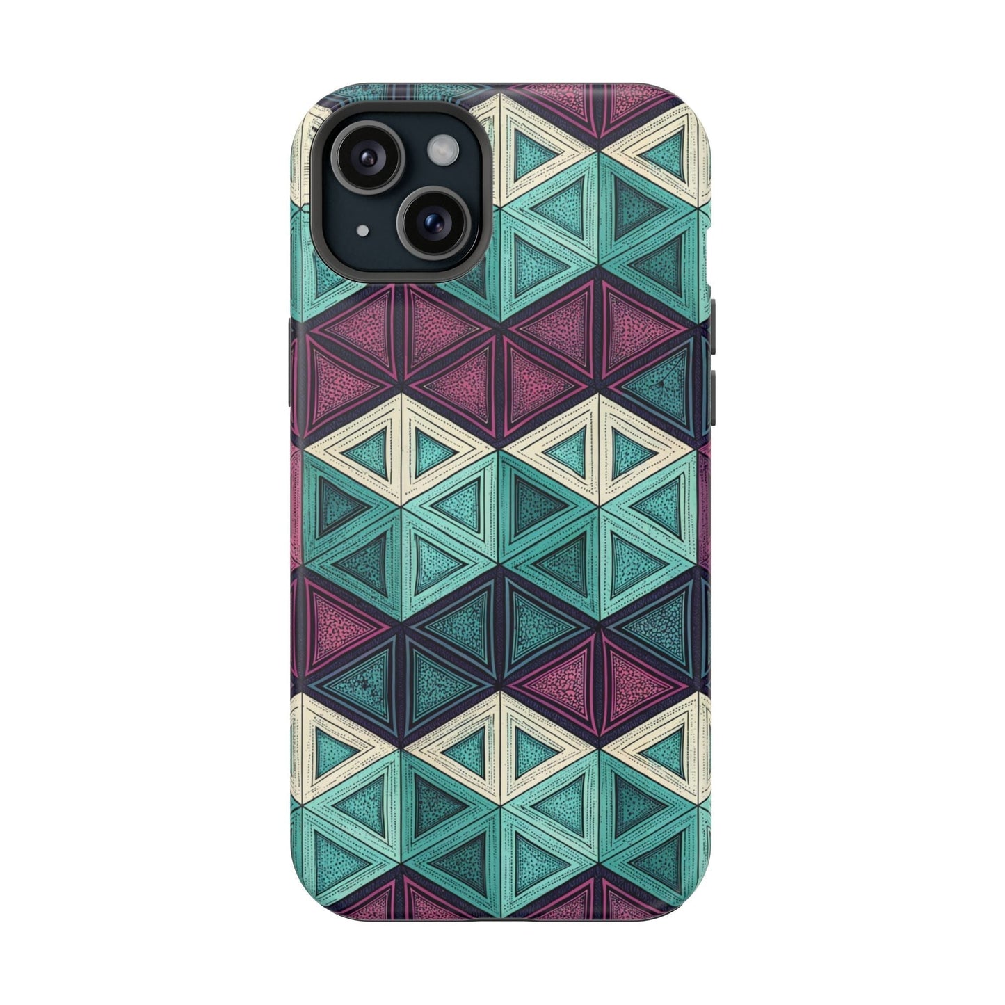 Purple and teal abstract geometric pattern iPhone tough case with MagSafe compatibility and dual-layer protection