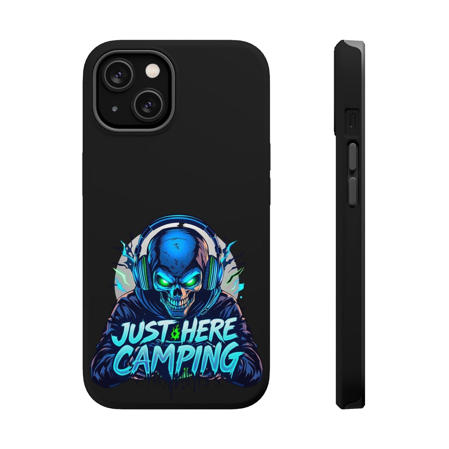Just Here Camping Gamer iPhone tough case with skull gamer design and built-in MagSafe magnet