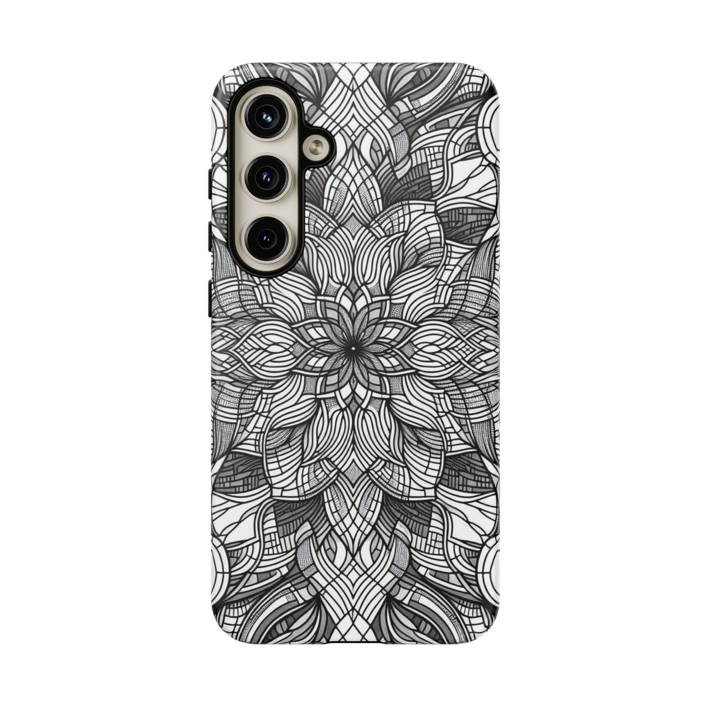 Samsung phone case with black and white intricate abstract floral art explosion design