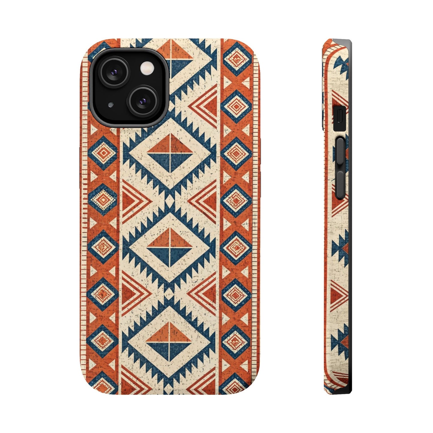 iPhone magnetic tough case with tribal inspired pattern in orange, navy, and beige colors for durable protection