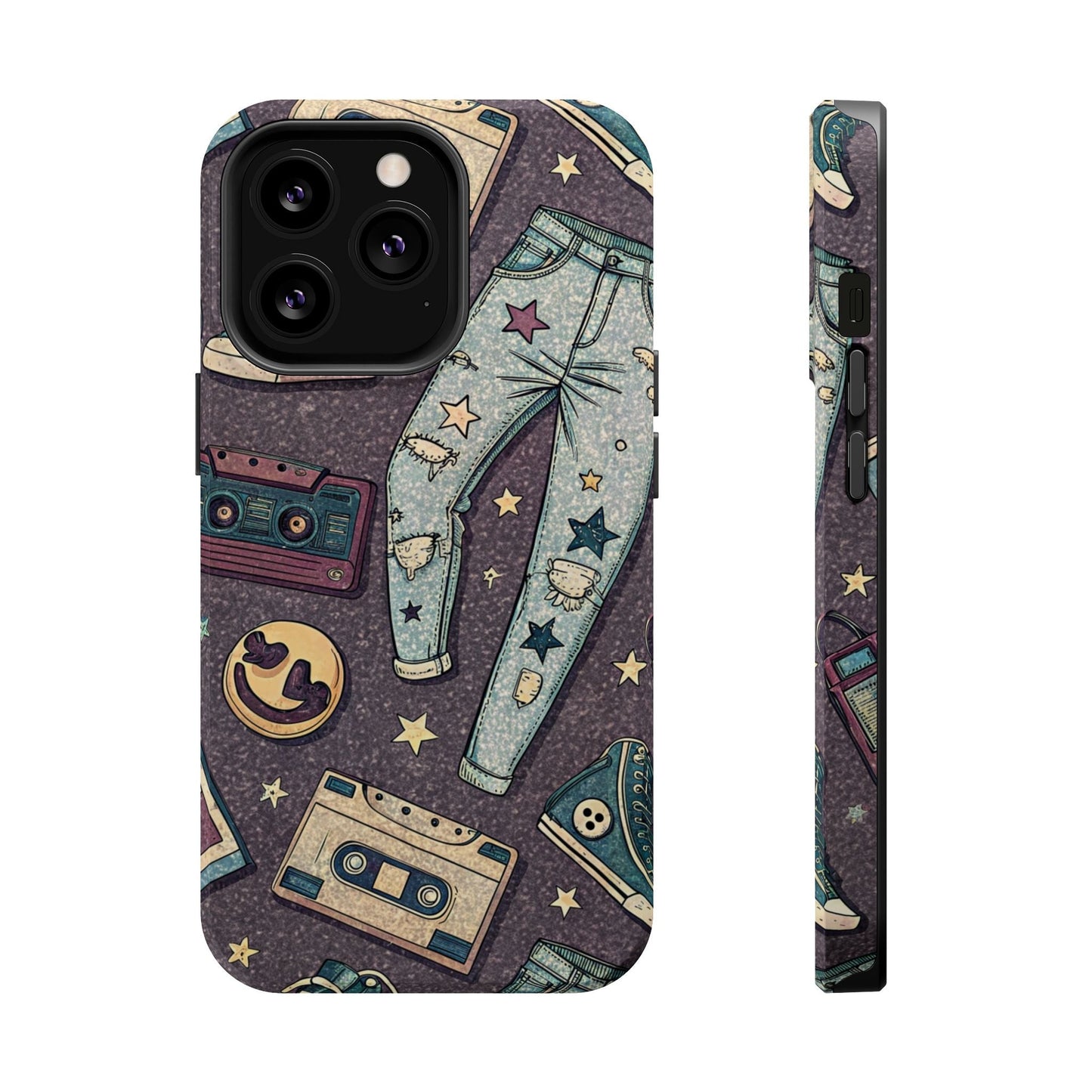 iPhone tough case with 90s grunge cassette tape collage design featuring ripped jeans and retro elements