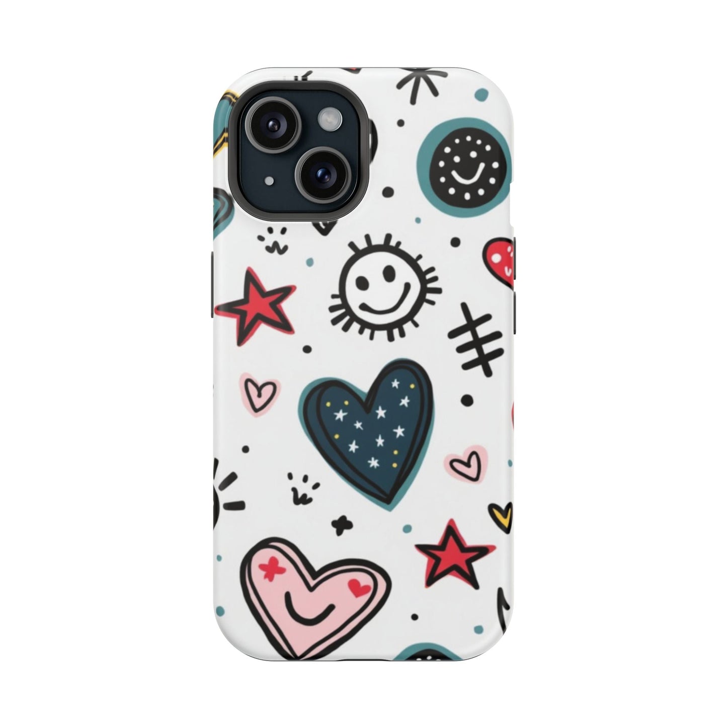iPhone tough case with cartoon hearts and smiles design in vibrant colors and durable dual-layer protection