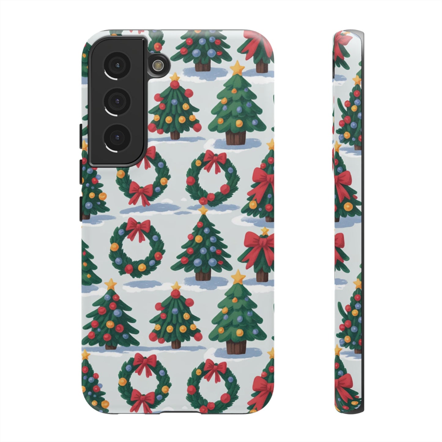 Samsung phone case with festive Holiday Wreath Tree pattern featuring decorated Christmas trees and wreaths with red bows.