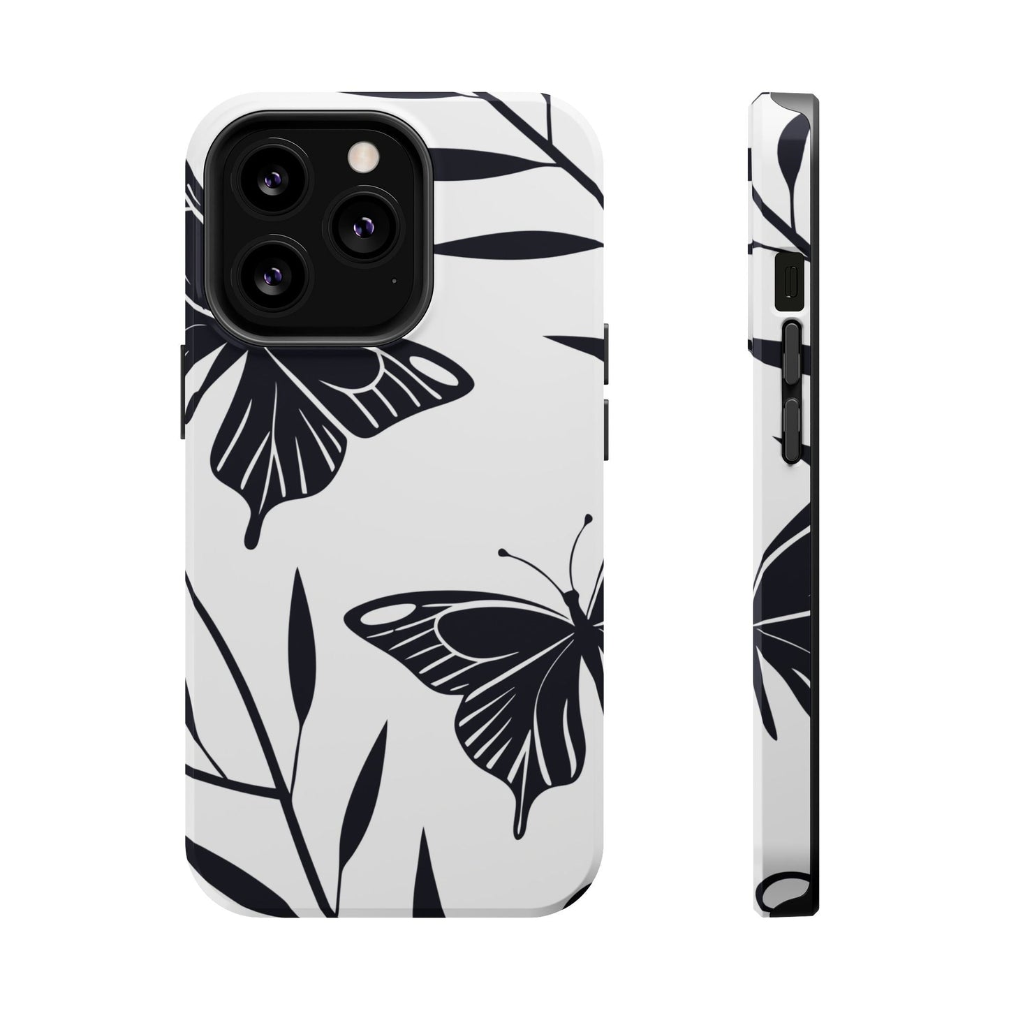 Black and white minimalist butterfly design iPhone case with dual-layer protection and MagSafe compatibility