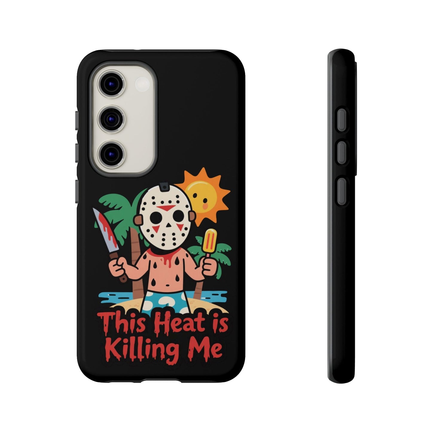 Black Samsung phone case with summerween-inspired cartoon of a masked character holding a knife and popsicle under a sun and palm trees with text "This Heat is Killing Me"