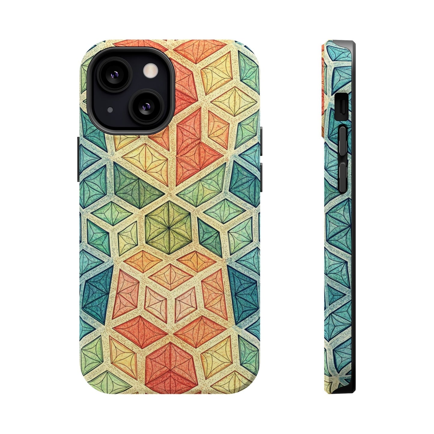 Colorful fractal patterned iPhone magnetic tough case with durable polycarbonate and TPU dual-layer design.