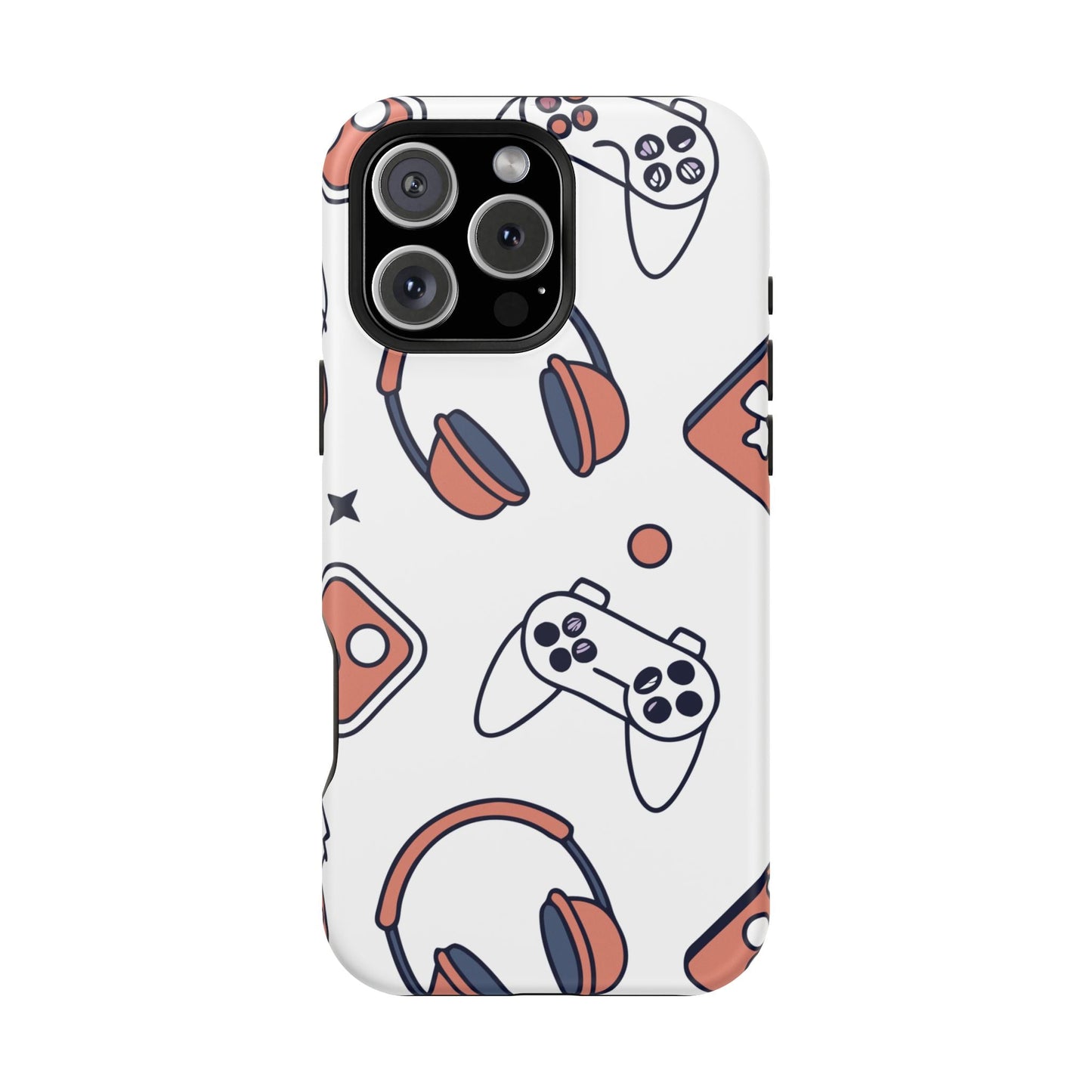 Gamer iPhone Tough Case with colorful gaming controllers and headphones design, durable protective polycarbonate and TPU material, MagSafe compatible.