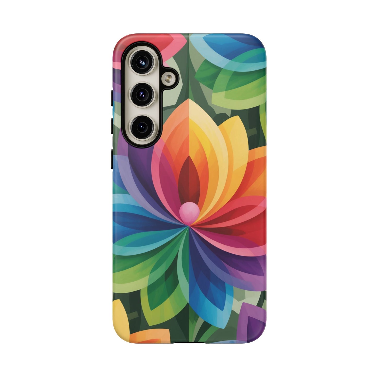 Samsung Tough Case with vibrant rainbow flower design, durable impact-resistant protection, and wireless charging support.