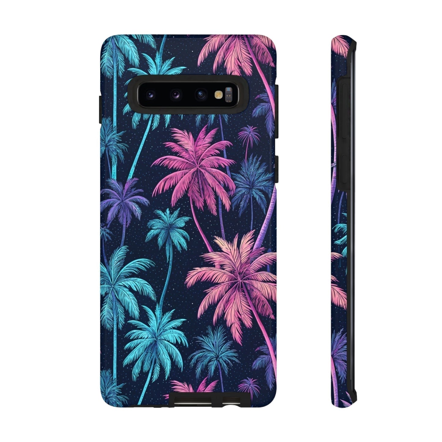 Samsung Galaxy phone case with neon pink and blue palm tree design on a dark background, durable and lightweight tropical style cover.