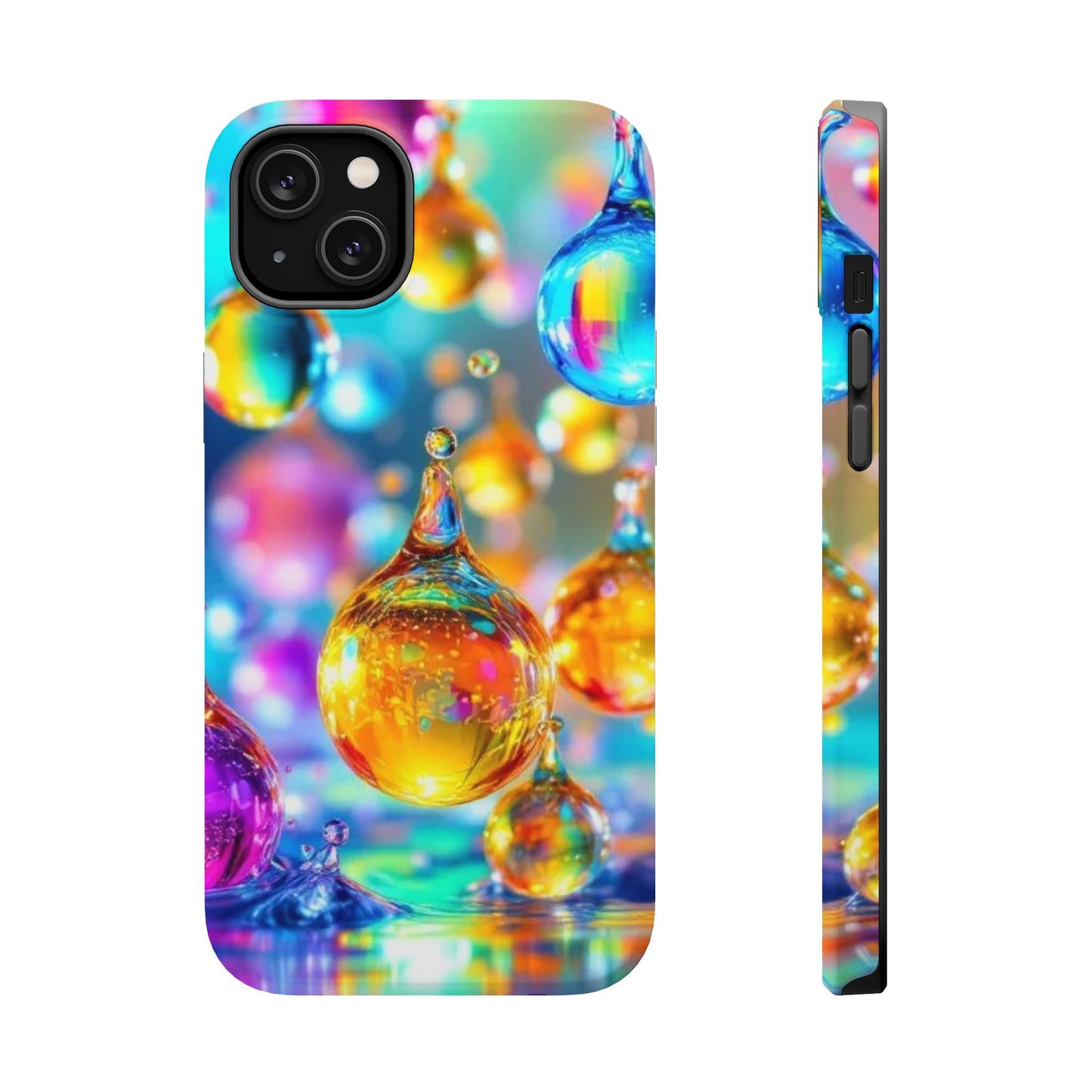 Colorful iPhone tough case with vibrant golden raindrop design and MagSafe compatibility