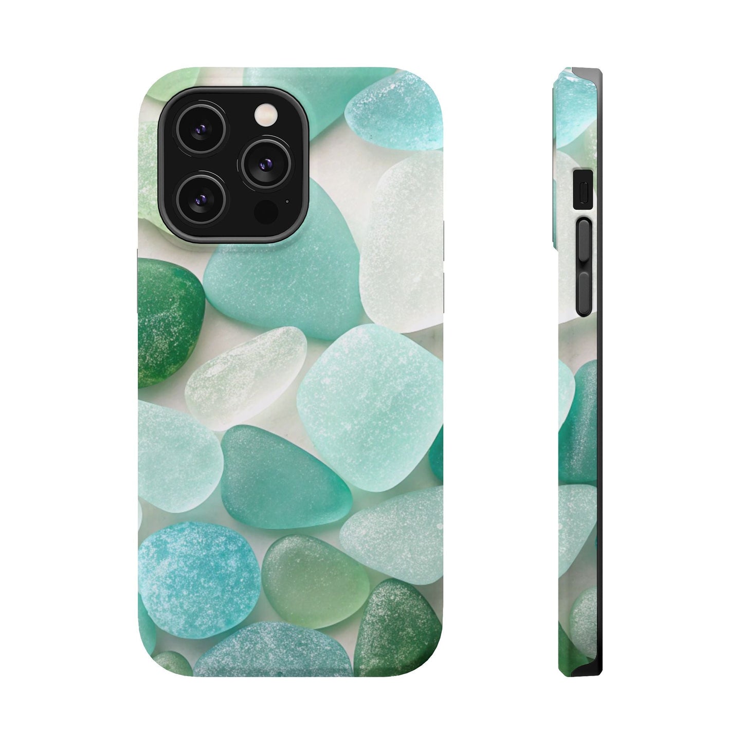 iPhone case with sea glass inspired design featuring blue and green sea glass pieces and built-in MagSafe magnet