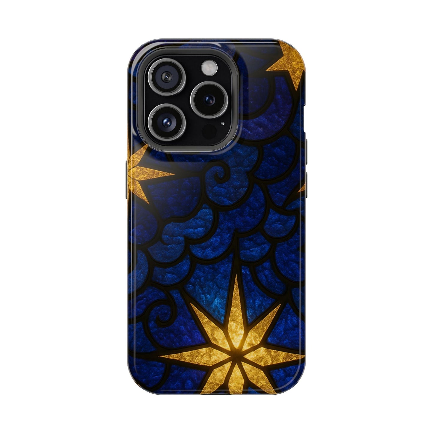iPhone tough case with golden star design on dark blue background, durable MagSafe compatible protective cover