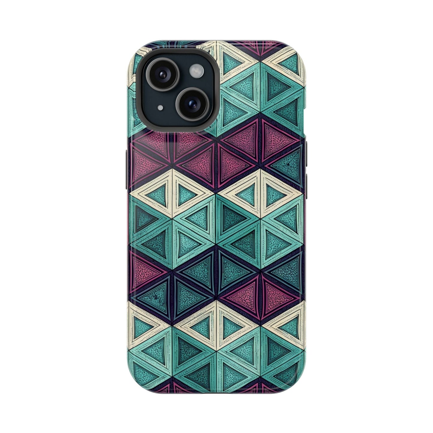 Purple and teal abstract geometric pattern iPhone tough case with MagSafe compatibility and dual-layer protection