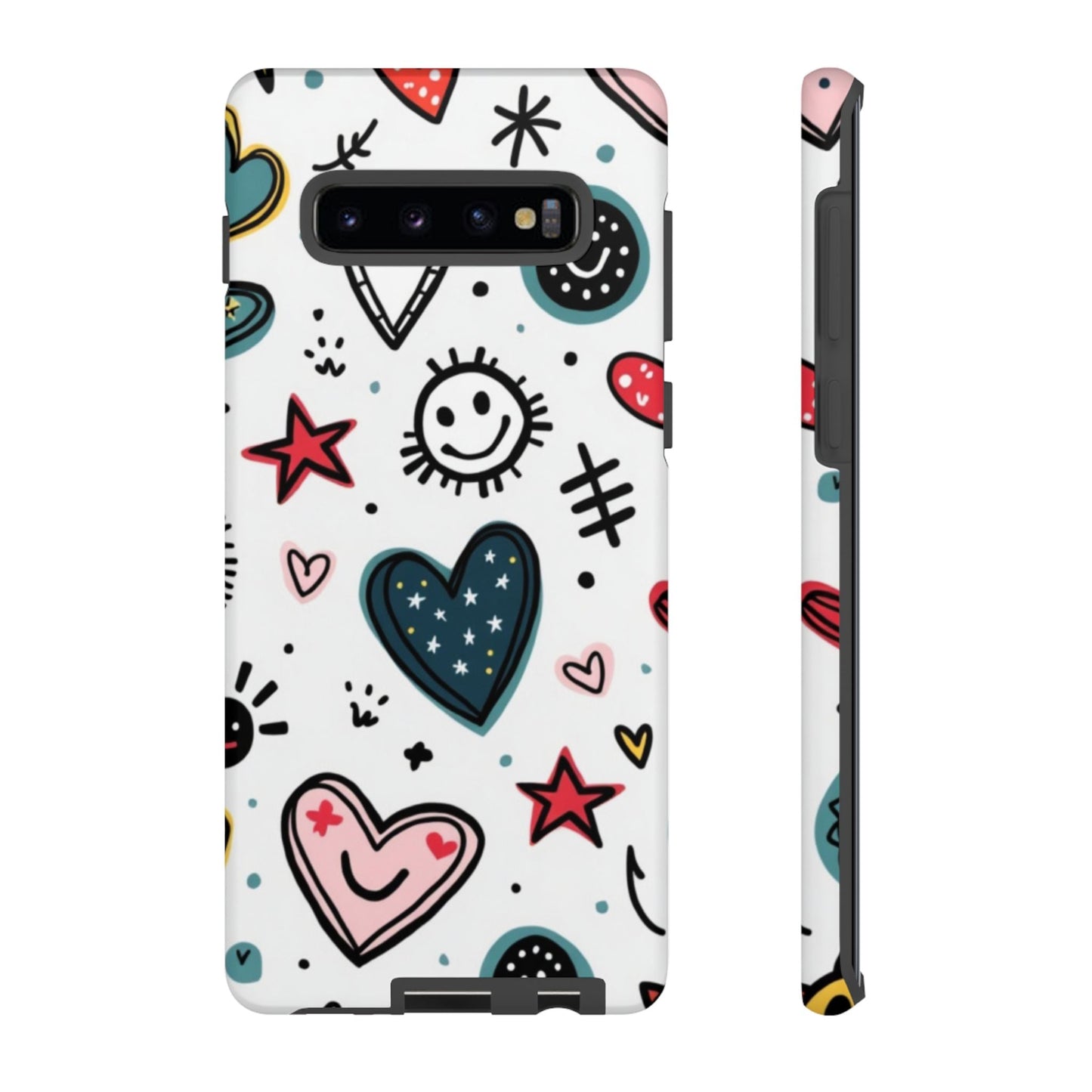 Smiles and Hearts Samsung tough phone case with playful hearts and stars design, durable shock-absorbent protection for Galaxy S series phones.