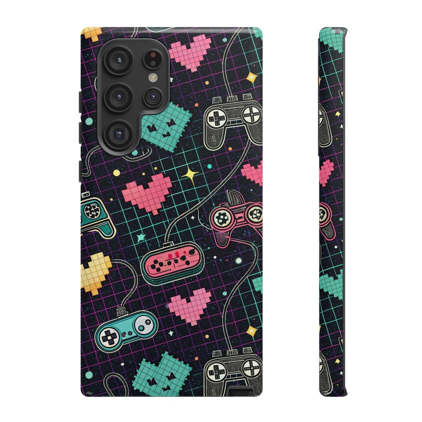 Retro Gamer Tough Case for Samsung Galaxy with colorful pixelated hearts and classic game controllers design, durable and impact-resistant phone cover.