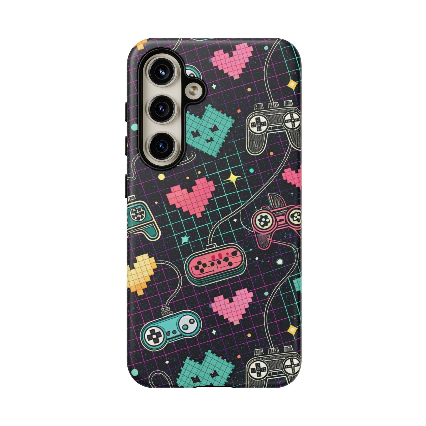 Samsung Galaxy phone case with retro gamer design featuring pixelated hearts and vintage game controllers, durable and impact-resistant Retro Gamer Tough Case.
