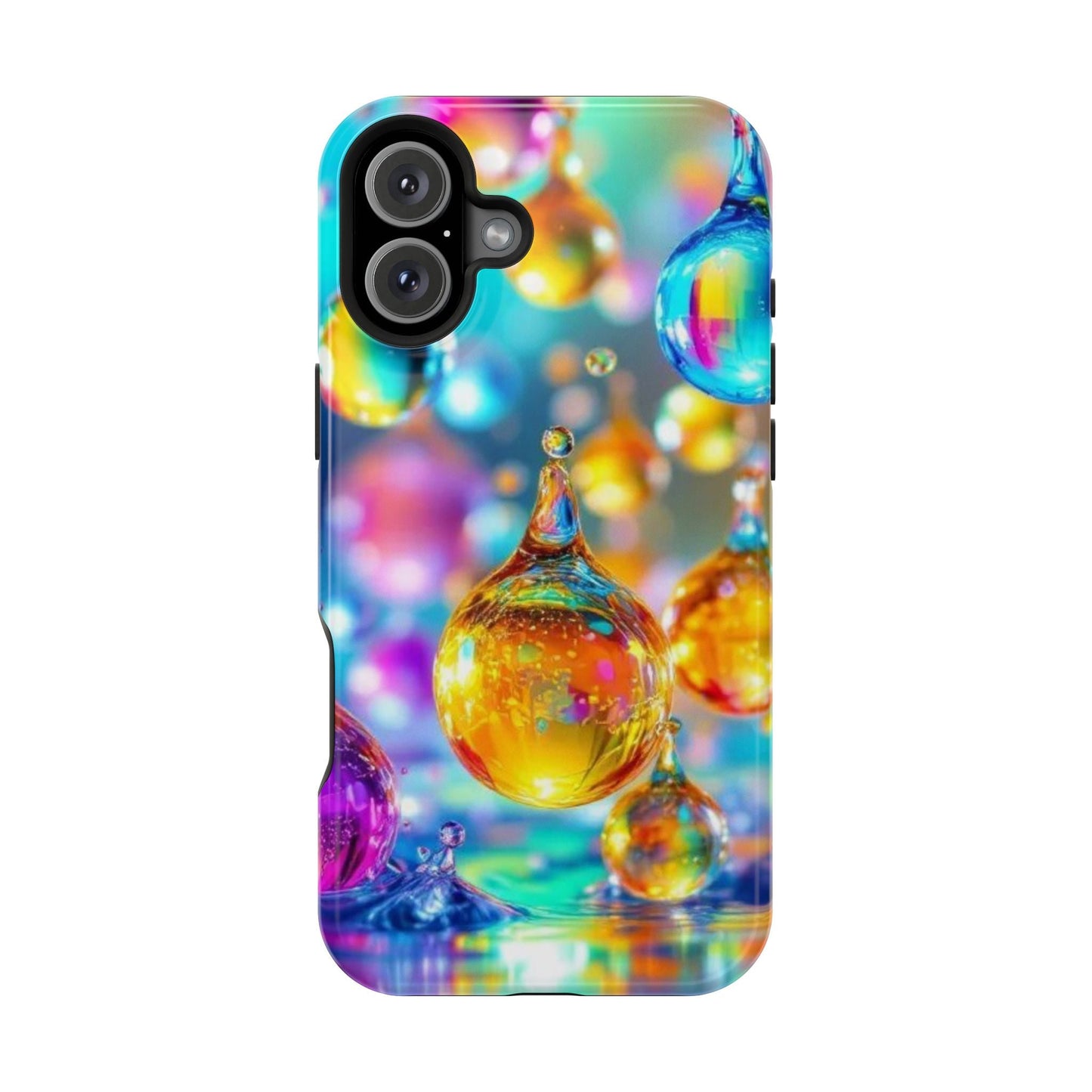 iPhone tough case with vibrant golden raindrop design and MagSafe compatibility