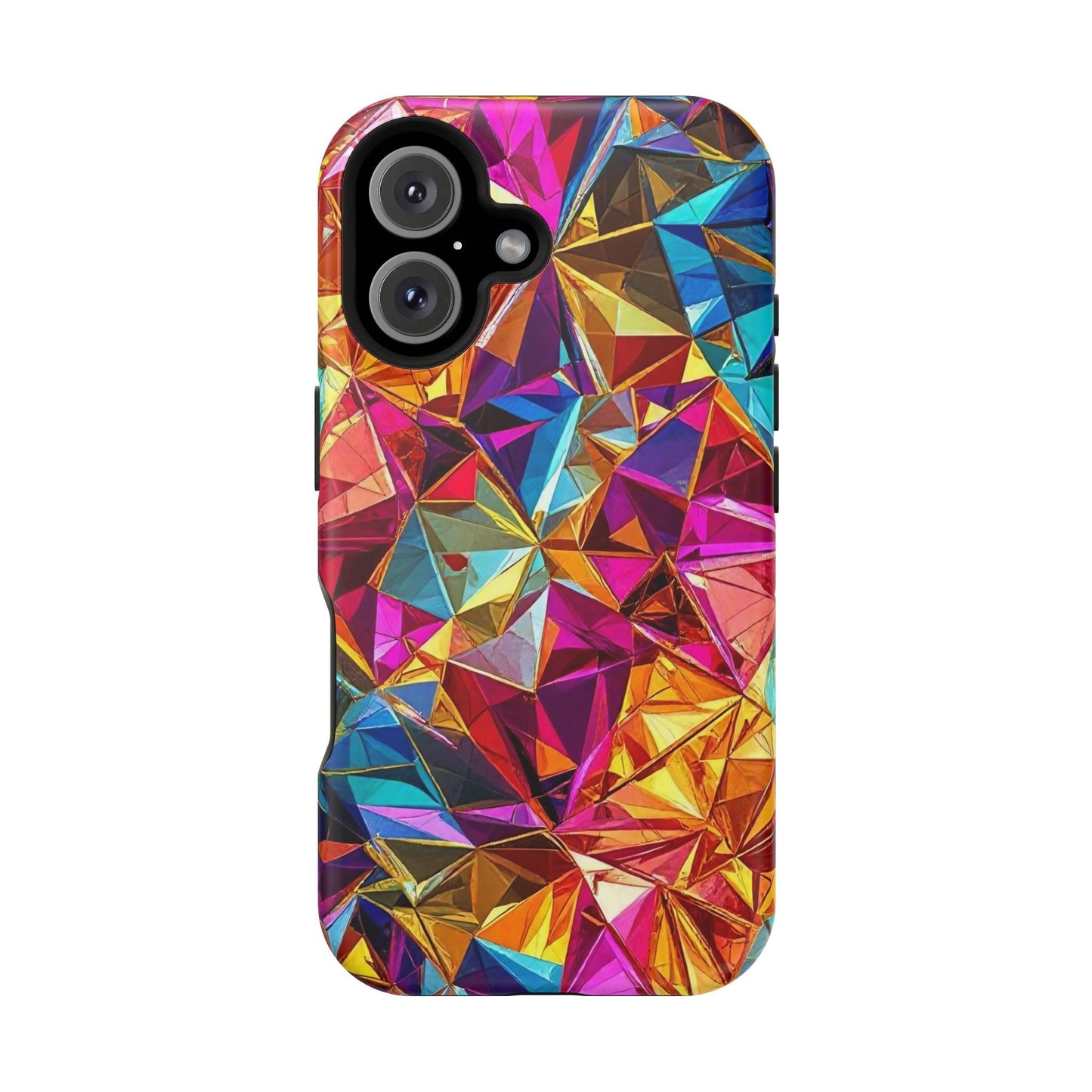 Colorful geometric rainbow foil iPhone tough case with MagSafe magnet and durable dual-layer protection