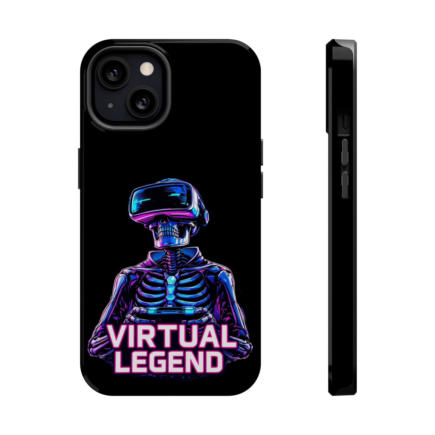 Virtual Legend Gamer iPhone tough case with neon skeleton wearing VR headset and protective black dual-layer design