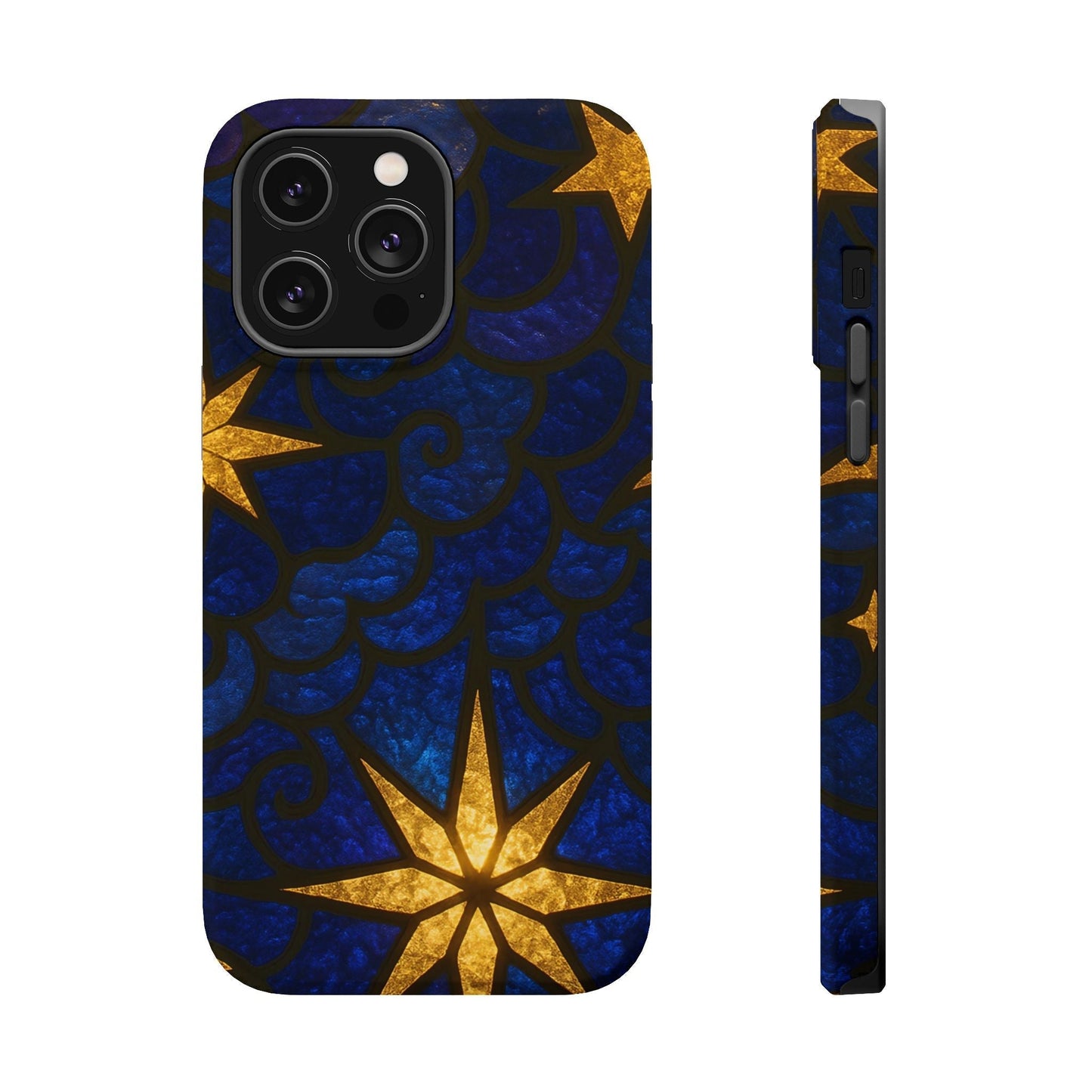 Golden Star Design iPhone tough case with durable polycarbonate and TPU layers, blue background and gold star pattern, MagSafe compatible slim protective cover