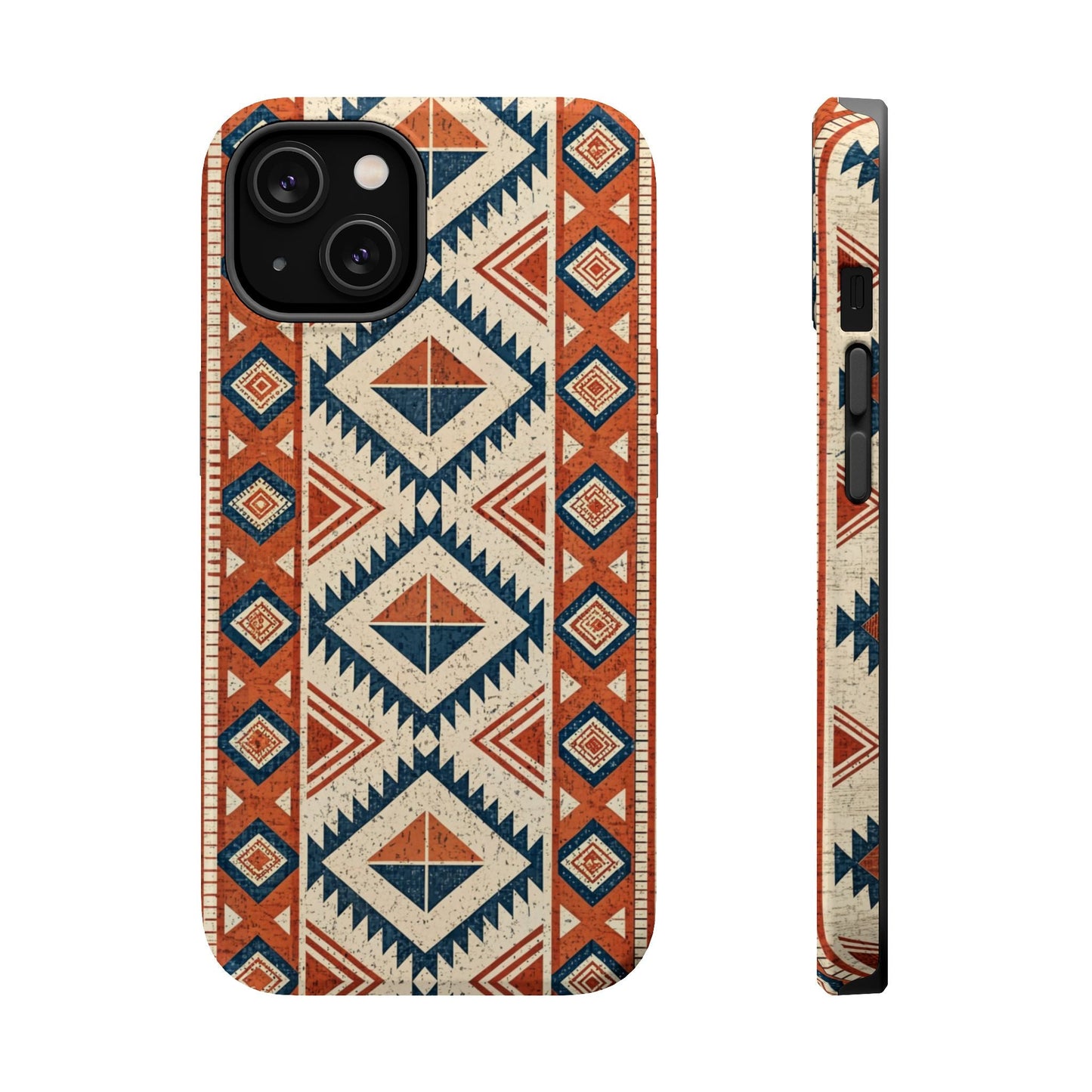 iPhone magnetic tough case with tribal inspired pattern in orange, navy, and beige colors, dual-layer protective design with MagSafe compatibility