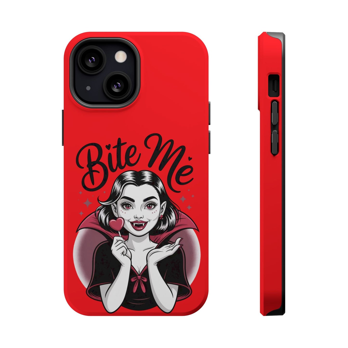 Red Halloween Vampire iPhone tough case with "Bite Me" text and cartoon vampire girl holding a heart-shaped lollipop.