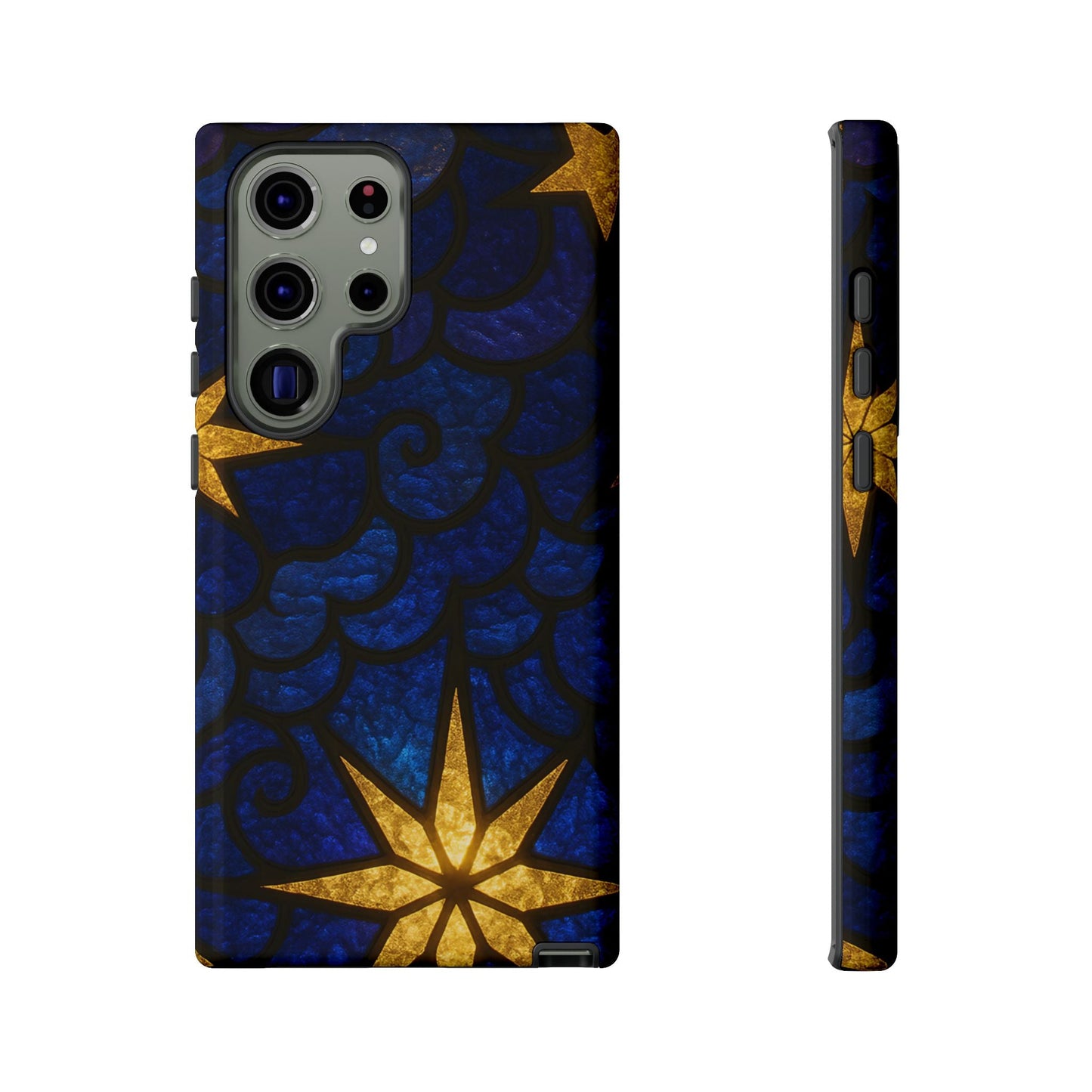 Golden Star Samsung phone case with durable, impact-resistant material and vibrant 3D gold star design on blue background.