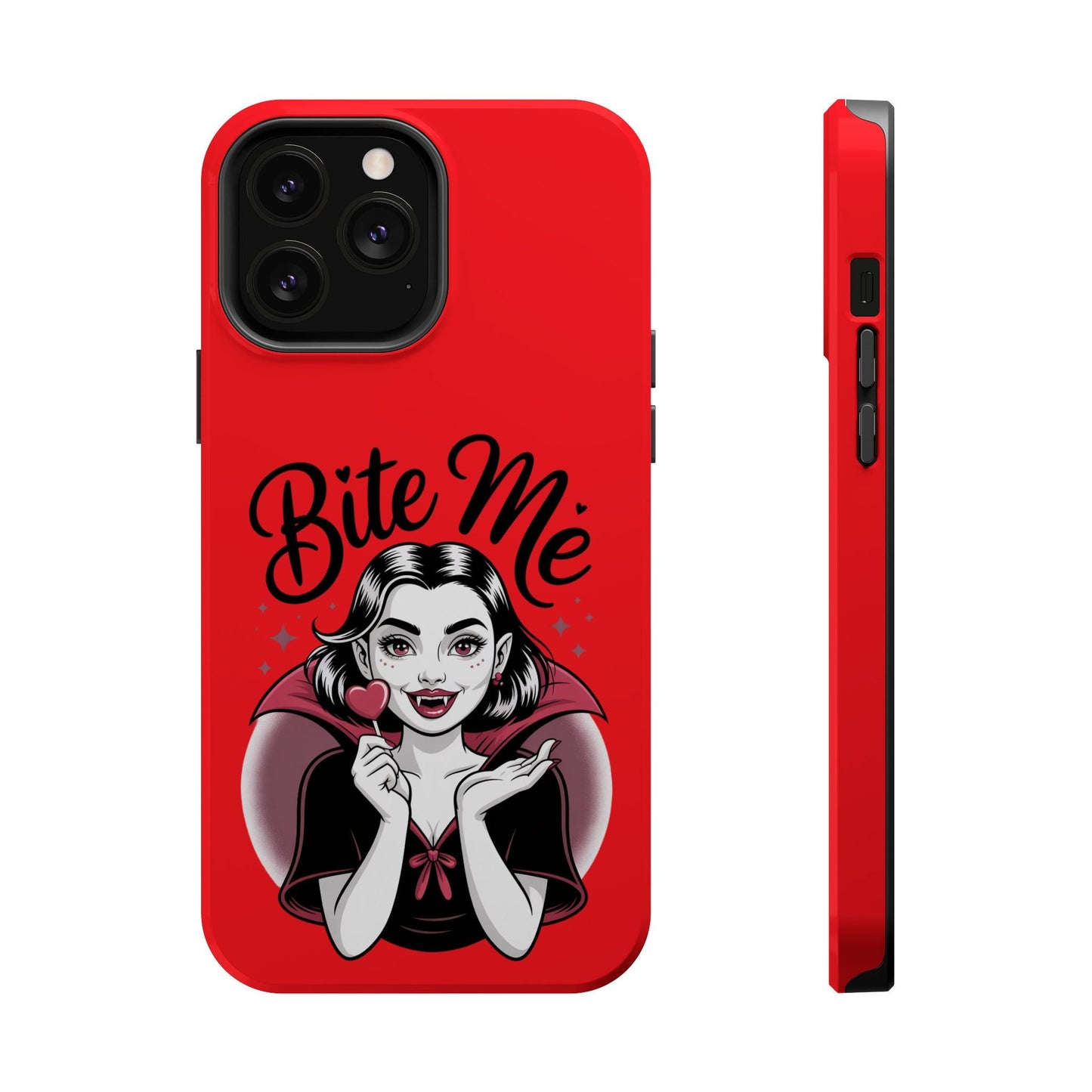 Red Halloween Vampire iPhone case with "Bite Me" text and vampire girl holding a heart lollipop, MagSafe compatible protective design.