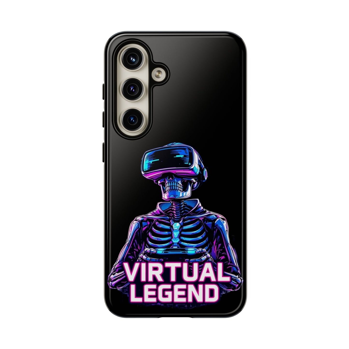 Samsung phone case with Virtual Legend Gamer Tough Case design featuring a neon skeleton wearing a VR headset and gaming gloves on a black background