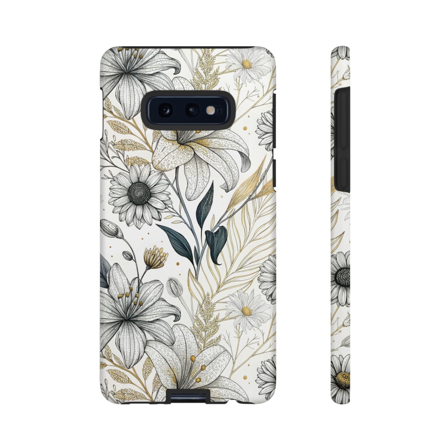Samsung tough phone case with golden leaf minimalist floral design for stylish protection