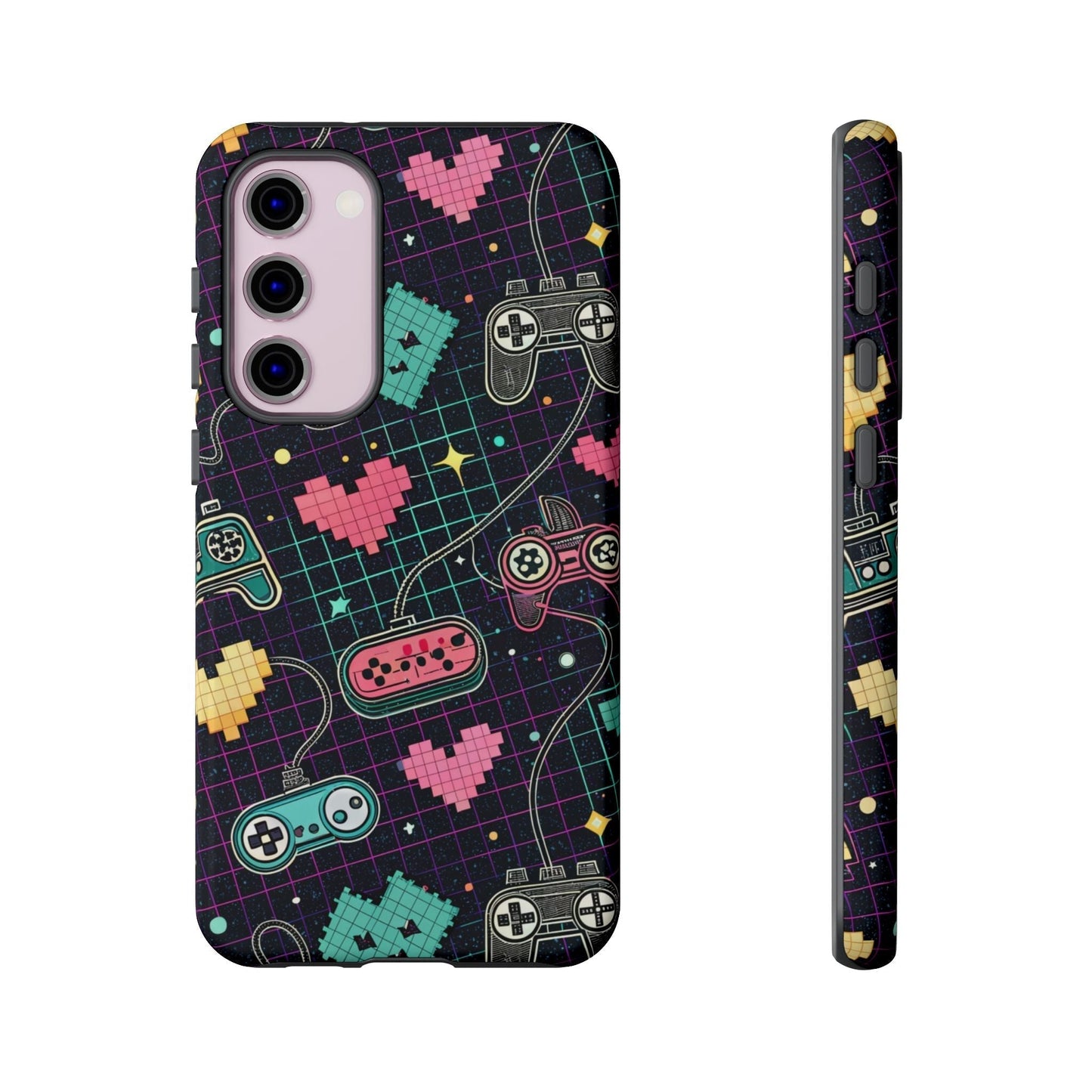 Samsung Galaxy phone tough case with retro gamer controller and pixel heart design, durable impact-resistant protection