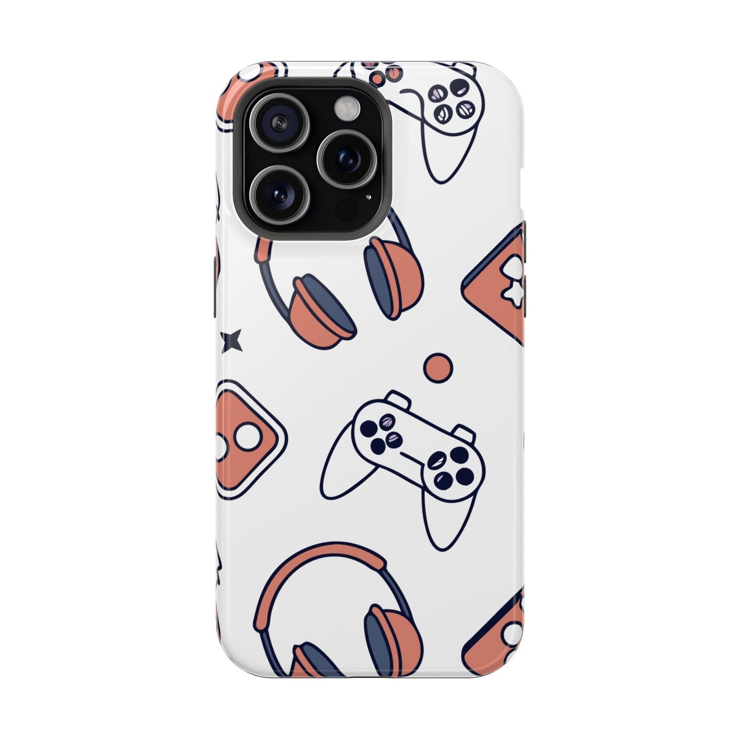 Gamer iPhone tough case with gaming controller and headset design in white and orange colors, durable protective polycarbonate and TPU material with MagSafe compatibility.