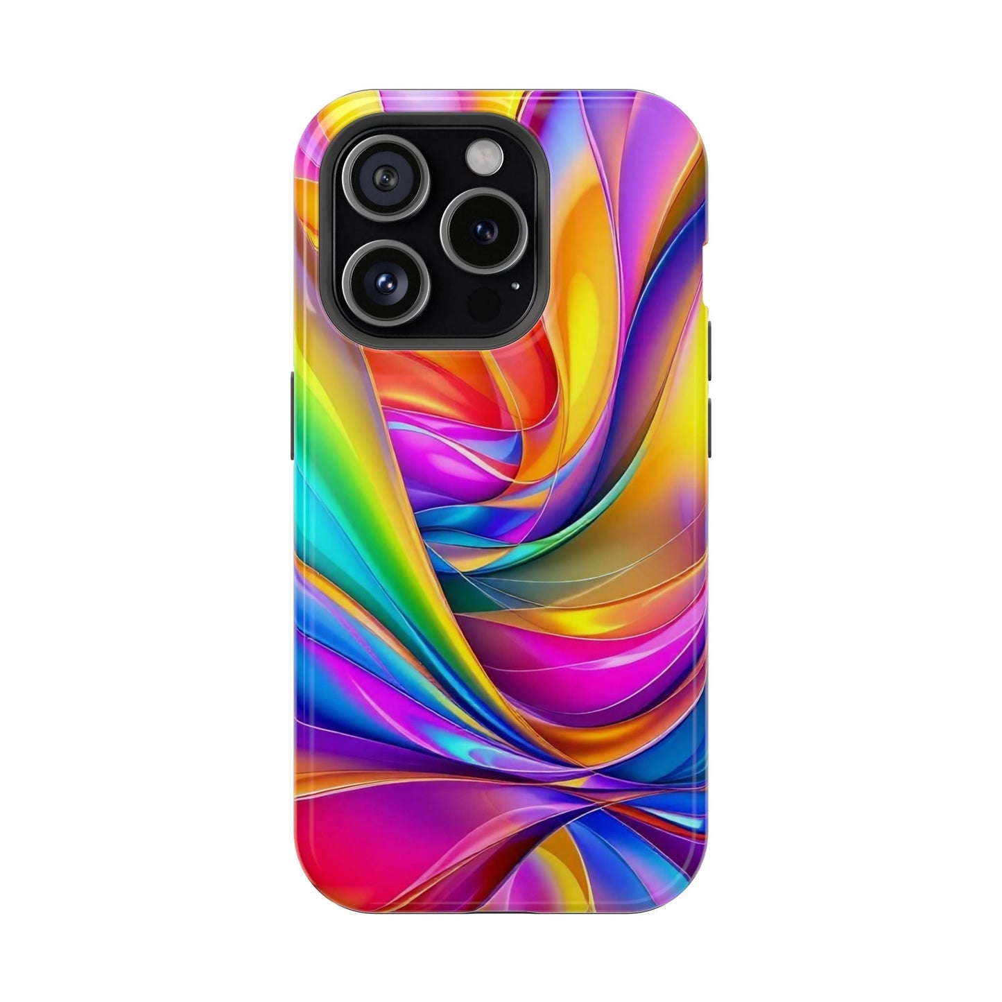 iPhone tough case with vibrant deconstructed rainbow wave design and durable dual-layer protection